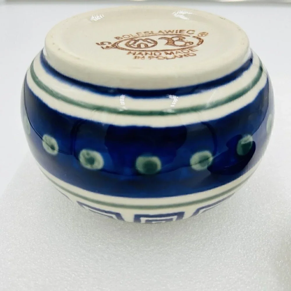 Boleslawiec Polish Pottery Hand Painted Greek Key Pattern Sugar/Jam Bowl w/Lid